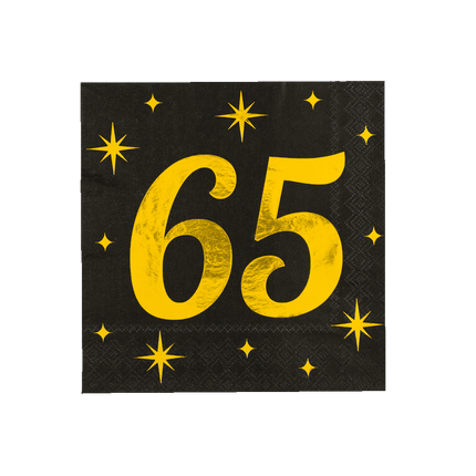 65 Jaar Servetten Zwart Goud 19cm 16st - Partywinkel - 8716764238147