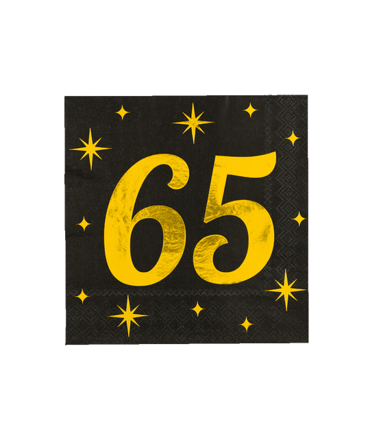 65 Jaar Servetten Zwart Goud 19cm 16st - Partywinkel - 8716764238147