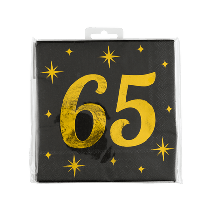 65 Jaar Servetten Zwart Goud 19cm 16st - Partywinkel - 8716764238147