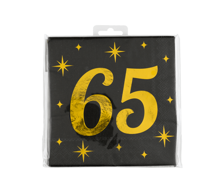 65 Jaar Servetten Zwart Goud 19cm 16st - Partywinkel - 8716764238147