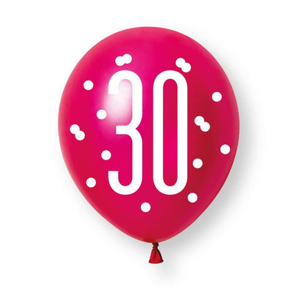 6ct Glitz Pink Number 30 Pearl Premium 30cm Latex Balloons van Unique koop je bij Partywinkel