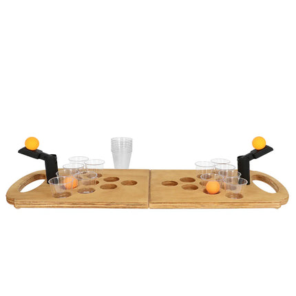Set per il gioco alcolico Shot Pong (tabellone pieghevole in legno, 2 shooter, 4 palline, 12 bicchierini da shot)