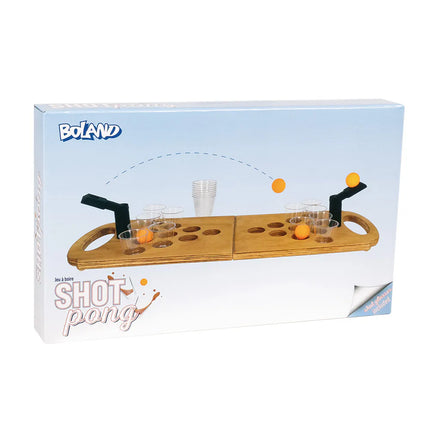 Set per il gioco alcolico Shot Pong (tabellone pieghevole in legno, 2 shooter, 4 palline, 12 bicchierini da shot)
