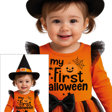 Costume di Halloween da strega per neonati, nero e arancione