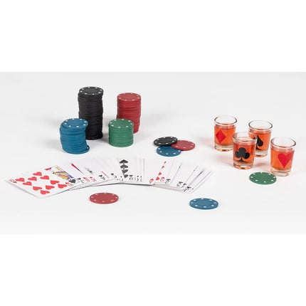 Set per il gioco alcolico "Drinking Poker" (120 fiches da poker, 1 mazzo di carte da gioco, 4 bicchierini da shot)
