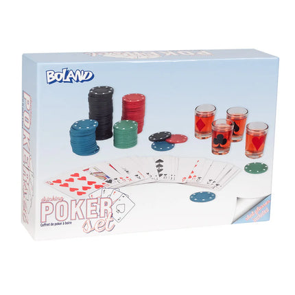 Set per il gioco alcolico "Drinking Poker" (120 fiches da poker, 1 mazzo di carte da gioco, 4 bicchierini da shot)