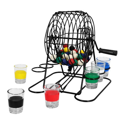 Set per il gioco alcolico "Bingo shots" (ruota del bingo in metallo, 48 palline, 6 bicchierini da shot)