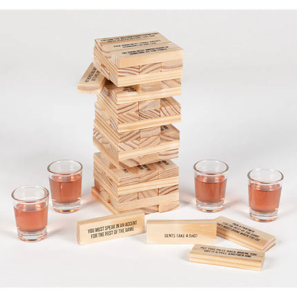 Set per gioco alcolico "Drinking Tower" (4 bicchierini da shot, 54 blocchetti di legno)