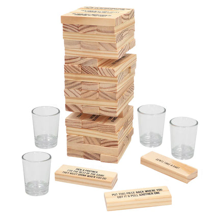 Set per gioco alcolico "Drinking Tower" (4 bicchierini da shot, 54 blocchetti di legno)