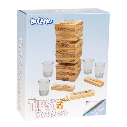 Set per gioco alcolico "Drinking Tower" (4 bicchierini da shot, 54 blocchetti di legno)