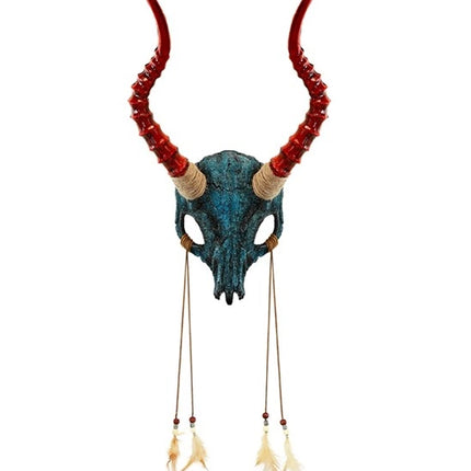 MASCHERA SHAMAN CON CRANIO DI TORO, CORNA E PIUME