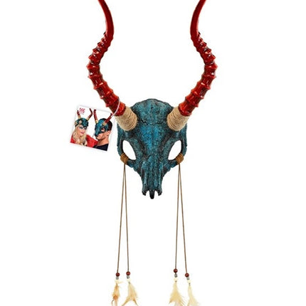 MASCHERA SHAMAN CON CRANIO DI TORO, CORNA E PIUME
