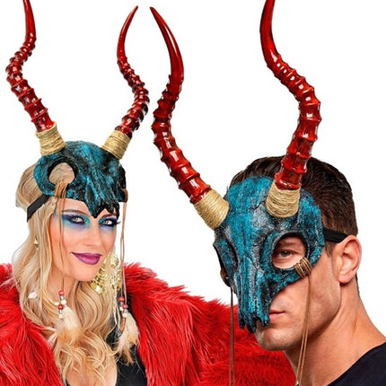 MASCHERA SHAMAN CON CRANIO DI TORO, CORNA E PIUME