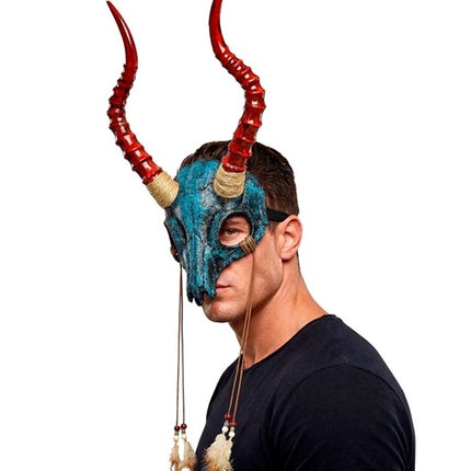 MASCHERA SHAMAN CON CRANIO DI TORO, CORNA E PIUME