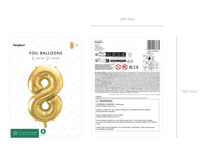 8 Jaar Cijfer Ballon Goud Leeg 72cm van Partydeco koop je bij Partywinkel