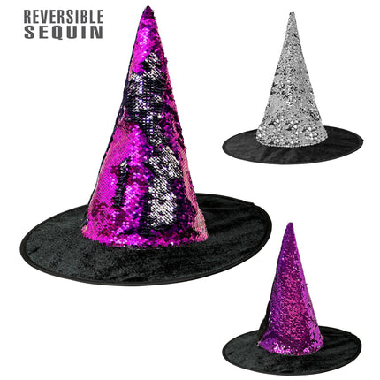 Cappello da strega viola e nero reversibile