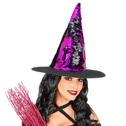 Cappello da strega viola e nero reversibile