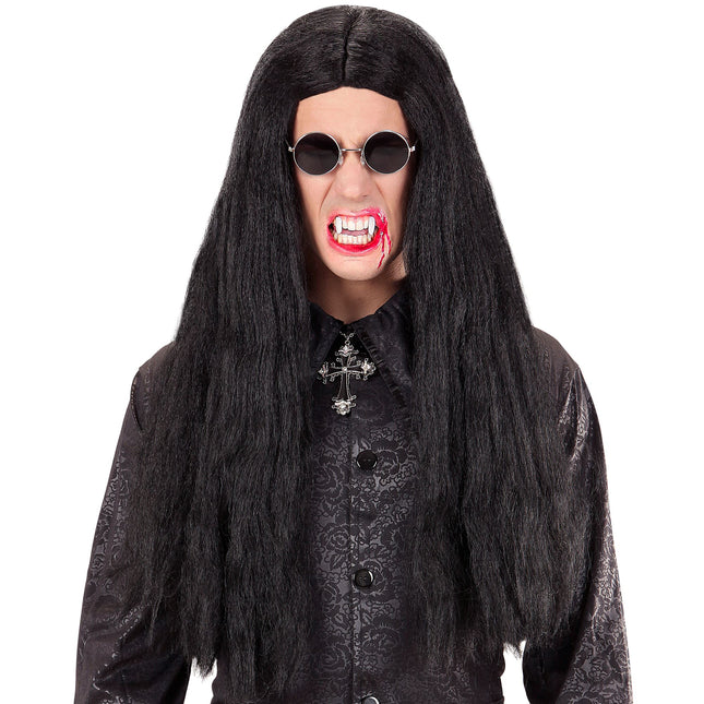 Parrucca di Halloween nera a capelli lunghi da vampiro