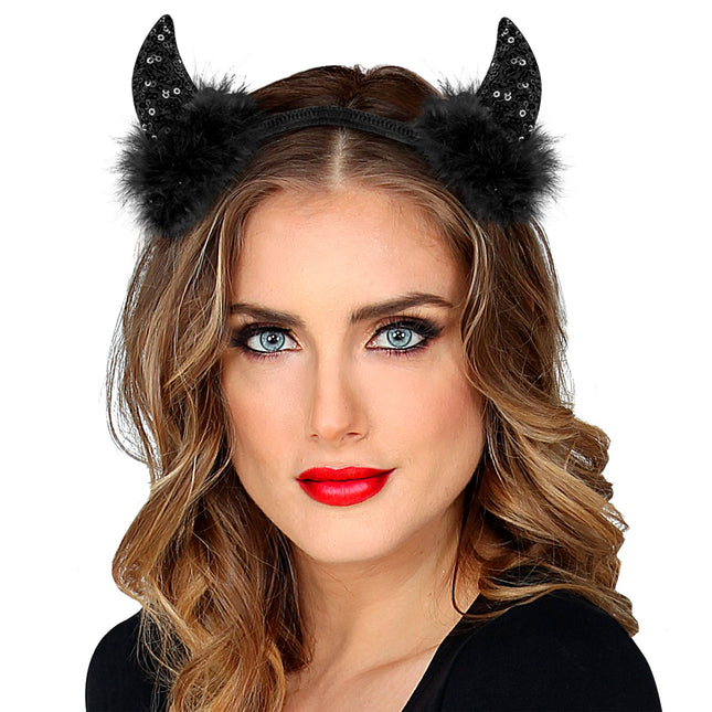 Cerchietto Halloween Diavolo Nero Glitterato