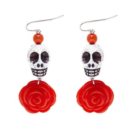 Orecchini di Halloween Teschi rossi e bianchi con rosa
