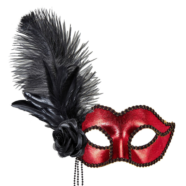 Maschera occhi nera rossa con piume