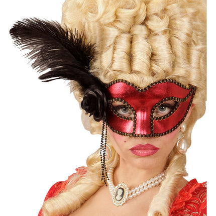 Maschera occhi nera rossa con piume