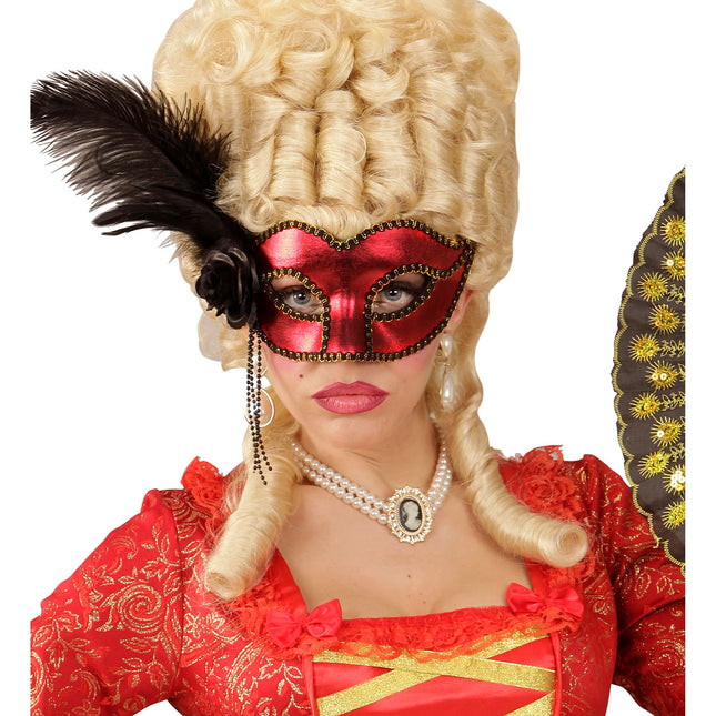 Maschera occhi nera rossa con piume
