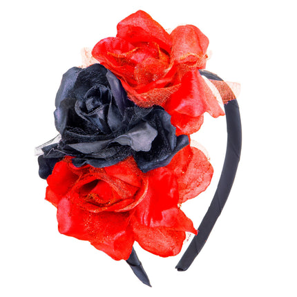 Cerchietto Dia De Los Muertos Rosso Nero Fiori