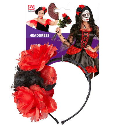 Cerchietto Dia De Los Muertos Rosso Nero Fiori