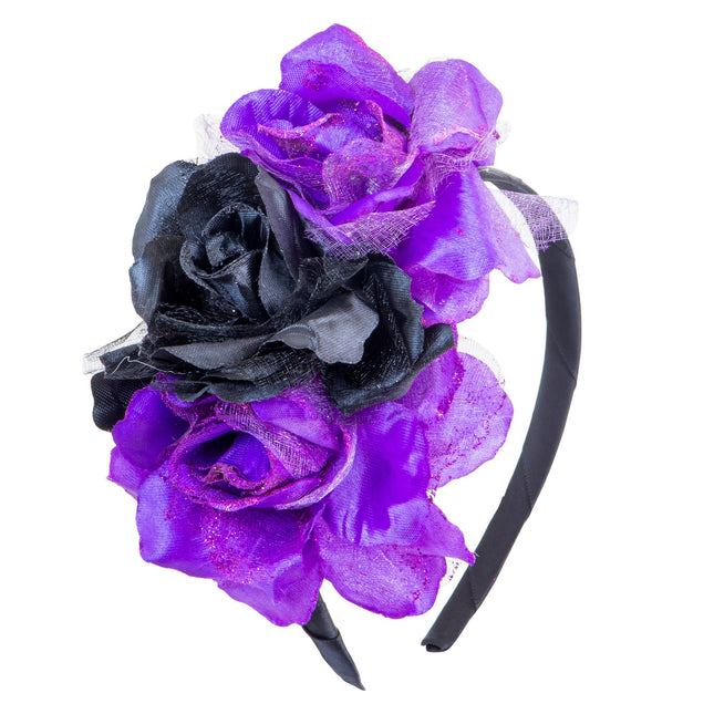 Cerchietto Dia De Los Muertos Nero Fiori Viola