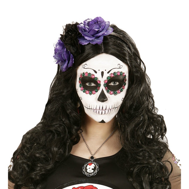 Cerchietto Dia De Los Muertos Nero Fiori Viola
