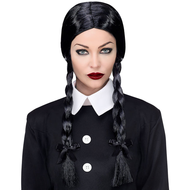 Parrucca di Halloween capelli lunghi con trecce nere