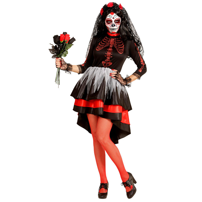 Vestito Dia De Los Muertos Rosso Nero Donna