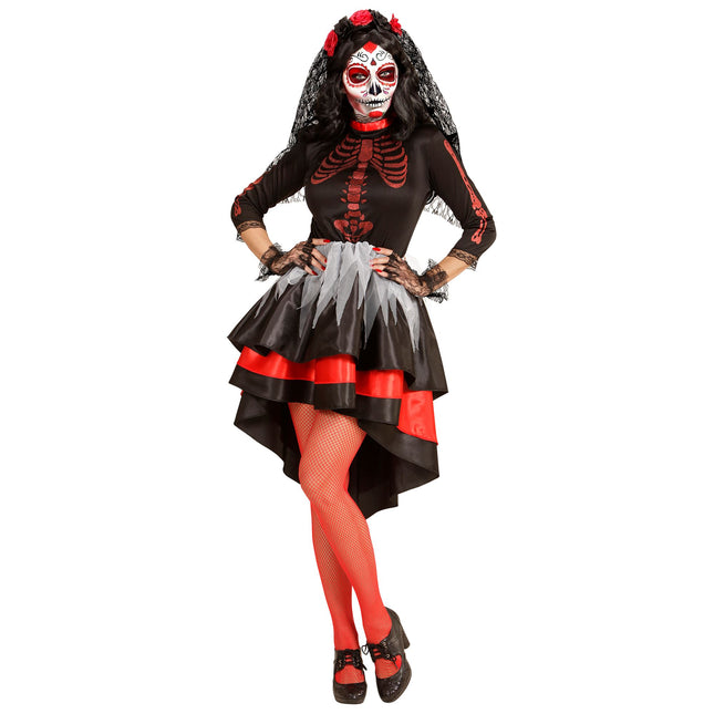 Vestito Dia De Los Muertos Rosso Nero Donna