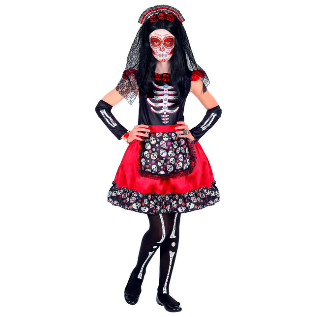 Vestito Dia De Los Muertos Nero Rosso Ragazza