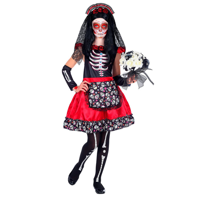 Vestito Dia De Los Muertos Nero Rosso Ragazza