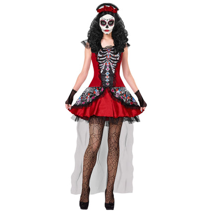 Vestito Dia De Los Muertos Nero Rosso Donna