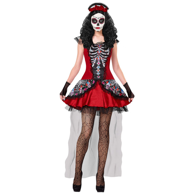 Vestito Dia De Los Muertos Nero Rosso Donna