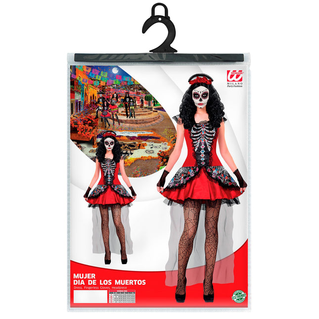 Vestito Dia De Los Muertos Nero Rosso Donna