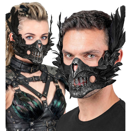 Maschera di Halloween: teschio nero con piume