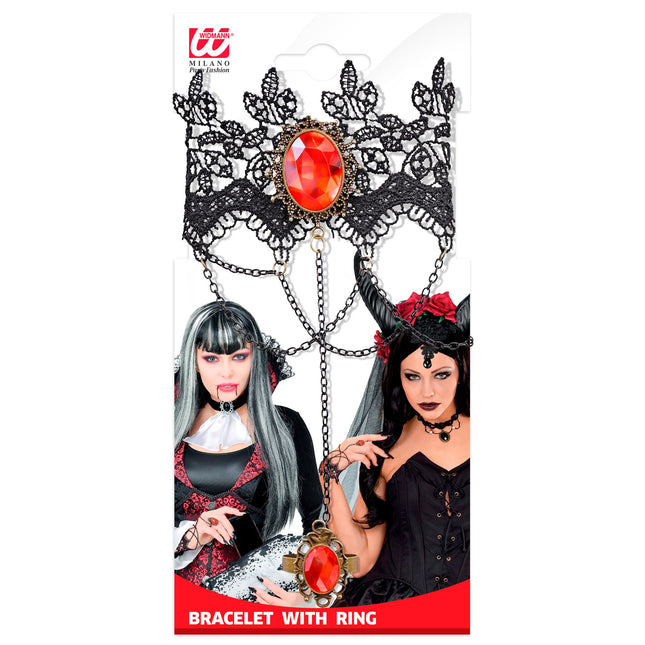 Bracciale di Halloween in pizzo con pietre rosse