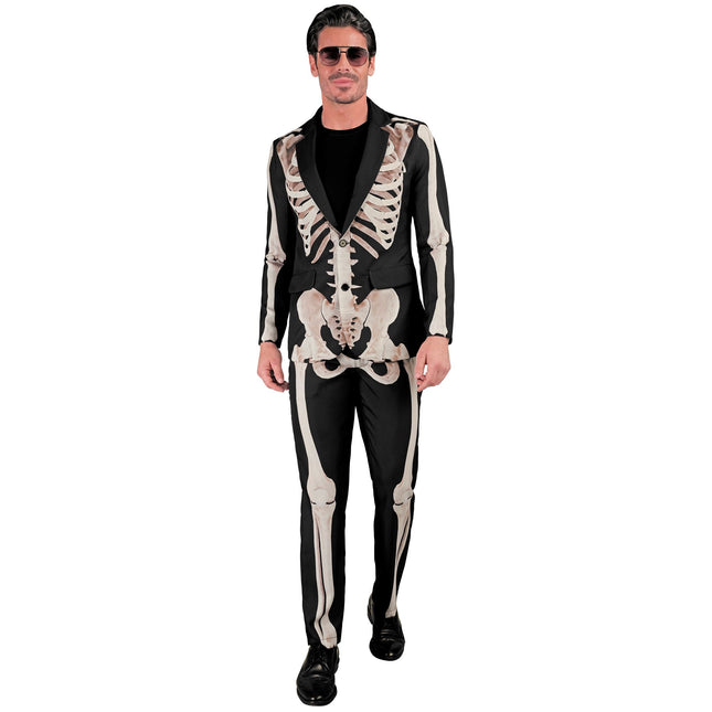 Costume Halloween Uomo Bianco Nero Scheletro 2 pezzi