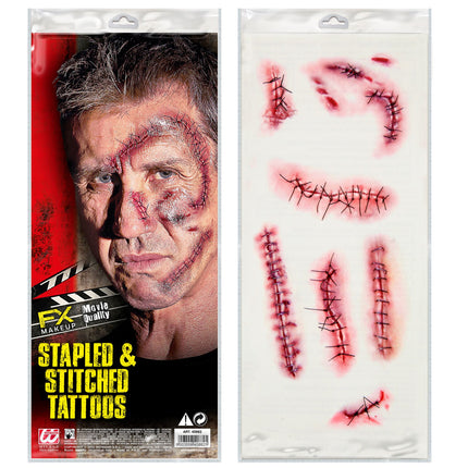 Tatuaggi finti di Halloween Punti metallici e suture rosse