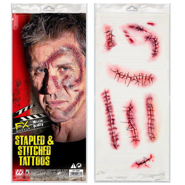 Tatuaggi finti di Halloween Punti metallici e suture rosse