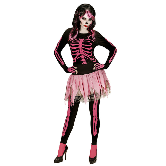 Costume da scheletro nero rosa donna 4 pezzi