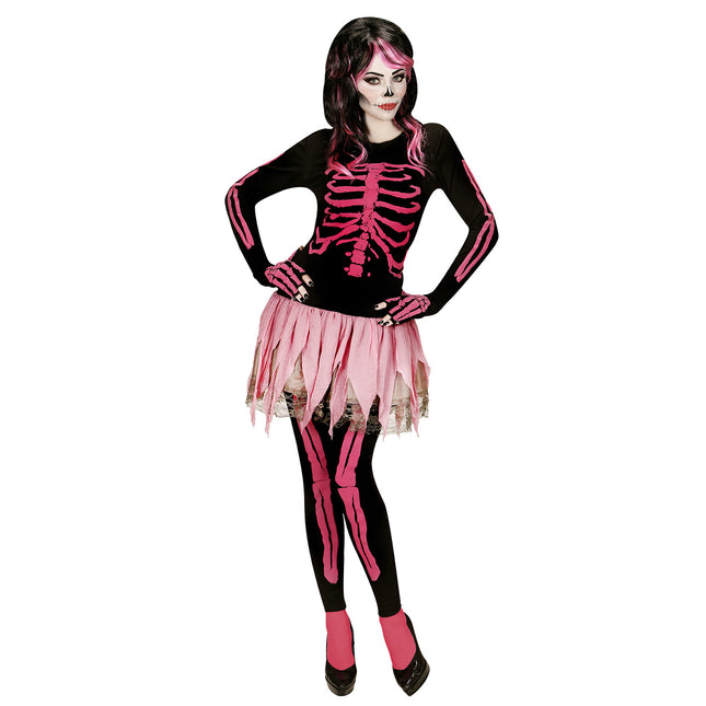 Costume da scheletro nero rosa donna 4 pezzi