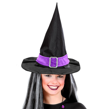 Cappello da strega di Halloween nero viola con cintura