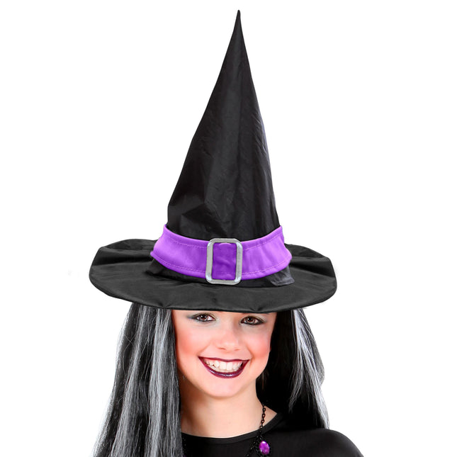 Cappello da strega di Halloween nero viola con cintura