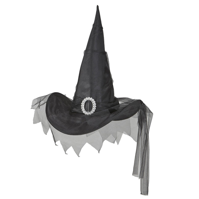 Cappello da strega di Halloween nero con tulle
