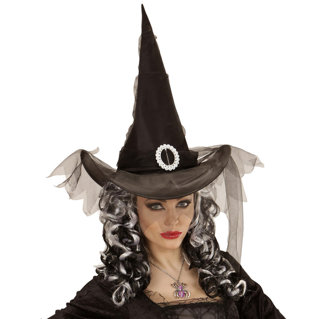 Cappello da strega di Halloween nero con tulle